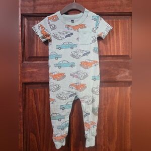 Tea Collection Car Print Footie in Blue and Orange